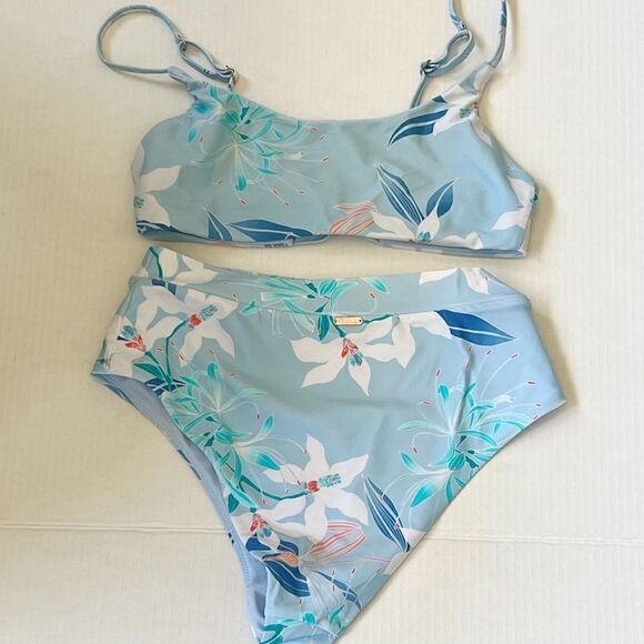 NWOT Raisins BLUE/WHITE Floral Selah Bandeau High-Waist Bikini US Medium - Picture 5 of 7